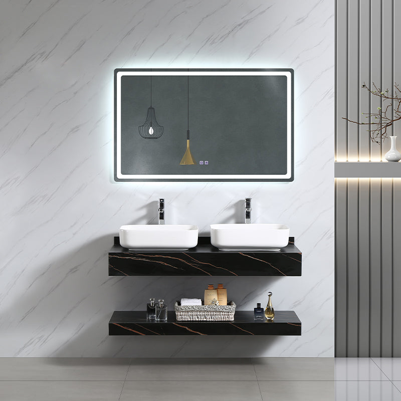 Solid Surface Rock Plate Double Basin Toilet Porcelain Wall Hung Vanity Sink Bathroom Cabinet