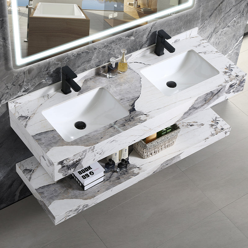 Hotel Modern Double Layers Rock Plate Furniture Wall Mount Wash Basin Bathroom Cabinet
