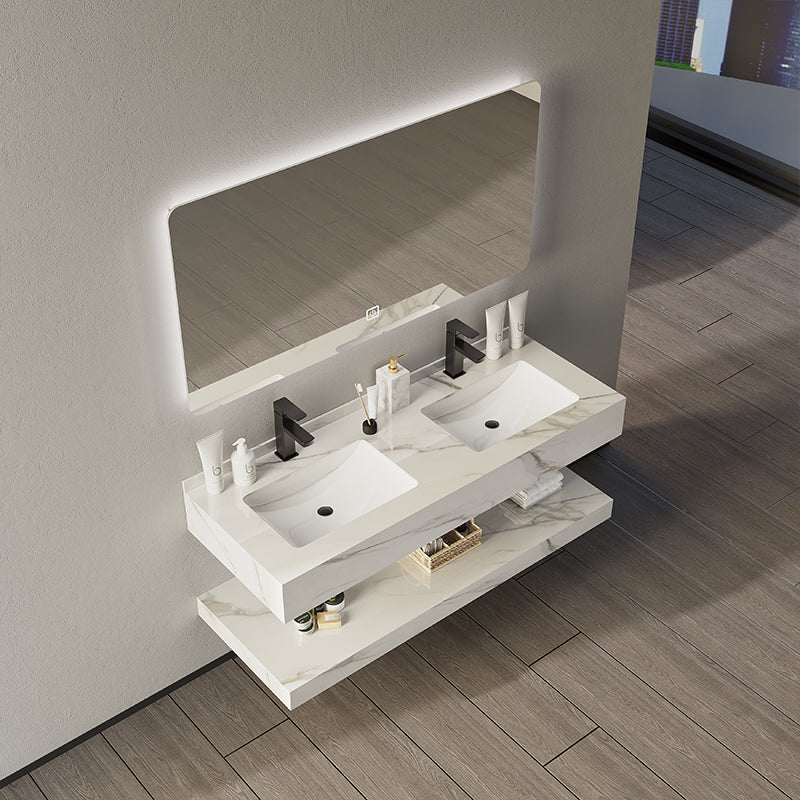 Modern Double Layer Marble Vanity Wall Mounted Basin Vanity Cabinet