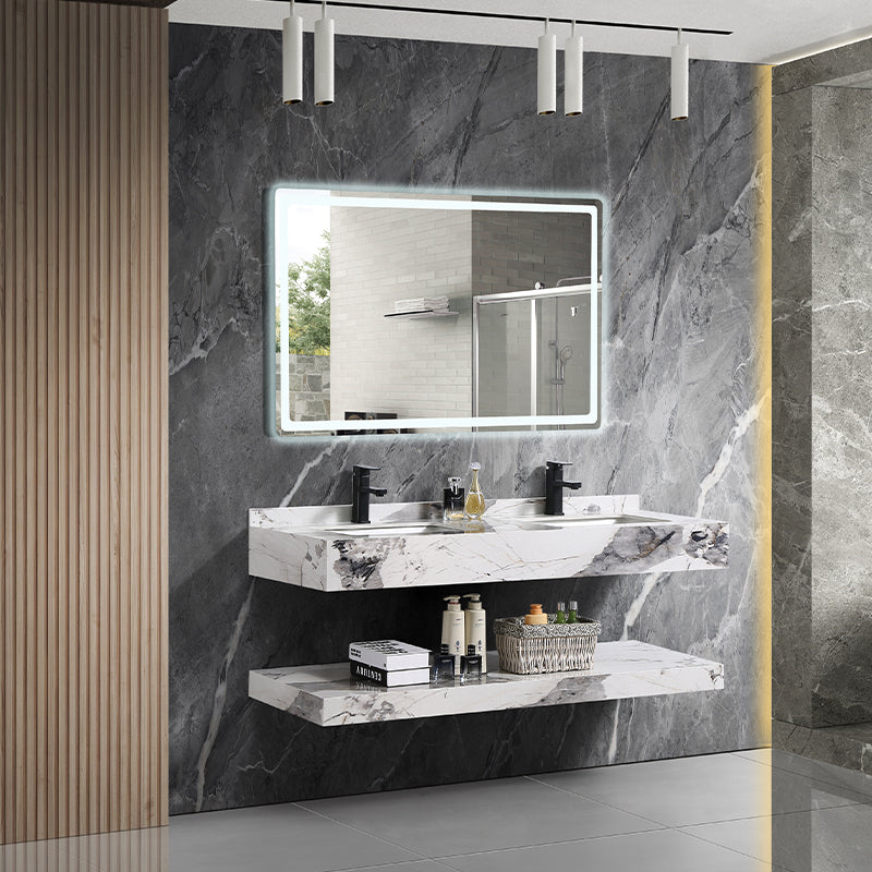 Hotel Modern Double Layers Rock Plate Furniture Wall Mount Wash Basin Bathroom Cabinet