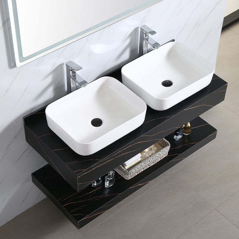 Solid Surface Rock Plate Double Basin Toilet Porcelain Wall Hung Vanity Sink Bathroom Cabinet