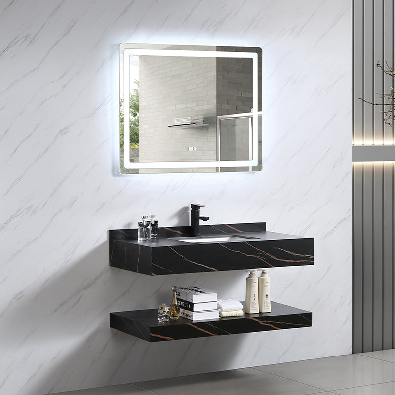 Modern Double Layers Rock Slate Wash Basin Bathroom Vanity Cabinet with LED Lighted Mirror
