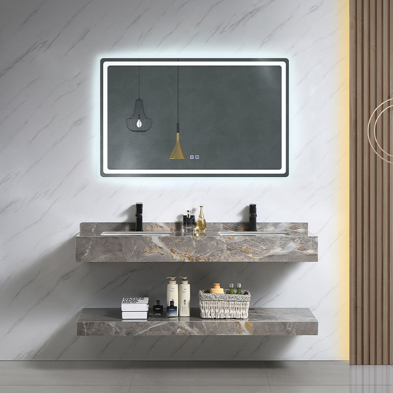 Hotel Bathroom Cabinet Two Sink Wash Basin Wall Mounted Marble Interior Lighting