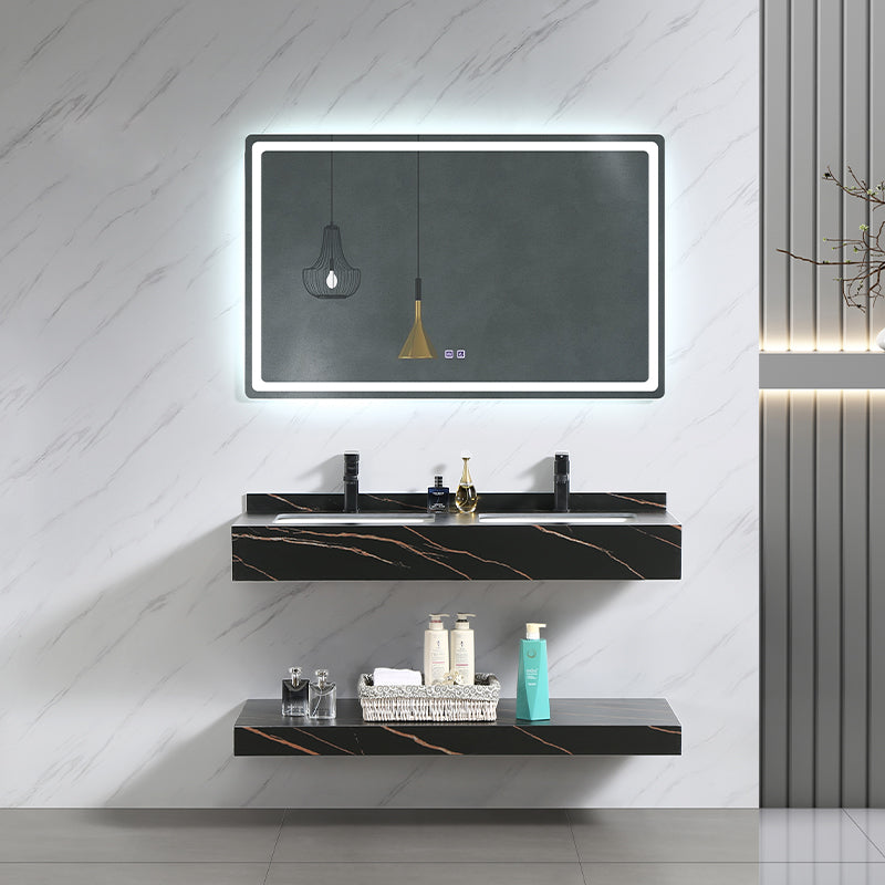 Modern Double Layers Rock Slate Wash Basin Bathroom Vanity Cabinet with LED Lighted Mirror