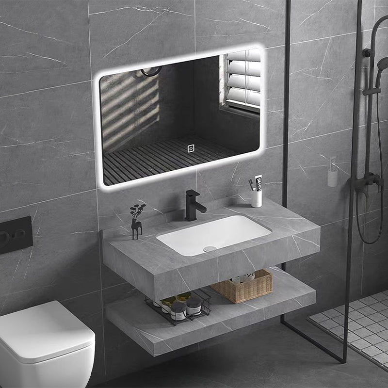 Modern Double Layer Marble Grey Marble Washbasin Bathroom Cabinet with Mirror