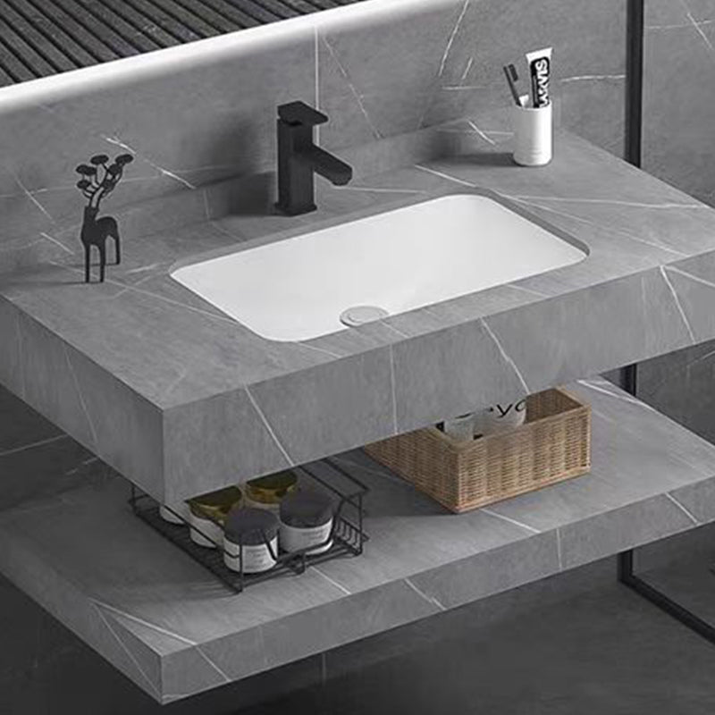 Modern Double Layer Marble Grey Marble Washbasin Bathroom Cabinet with Mirror