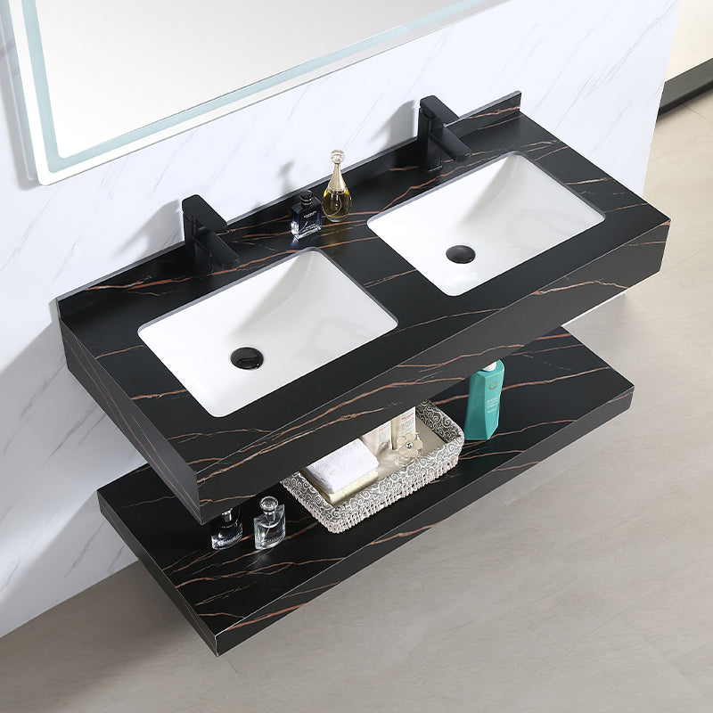 Modern Double Layers Rock Slate Wash Basin Bathroom Vanity Cabinet with LED Lighted Mirror