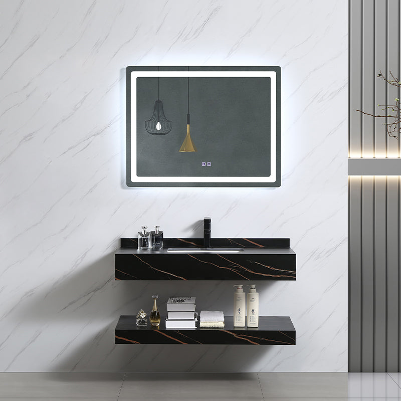 Modern Double Layers Rock Slate Wash Basin Bathroom Vanity Cabinet with LED Lighted Mirror
