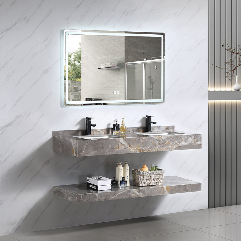 Hotel Bathroom Cabinet Two Sink Wash Basin Wall Mounted Marble Interior Lighting
