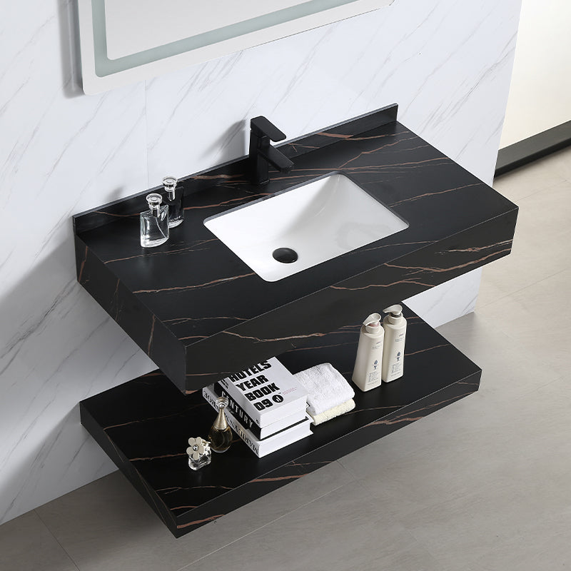 Modern Double Layers Rock Slate Wash Basin Bathroom Vanity Cabinet with LED Lighted Mirror