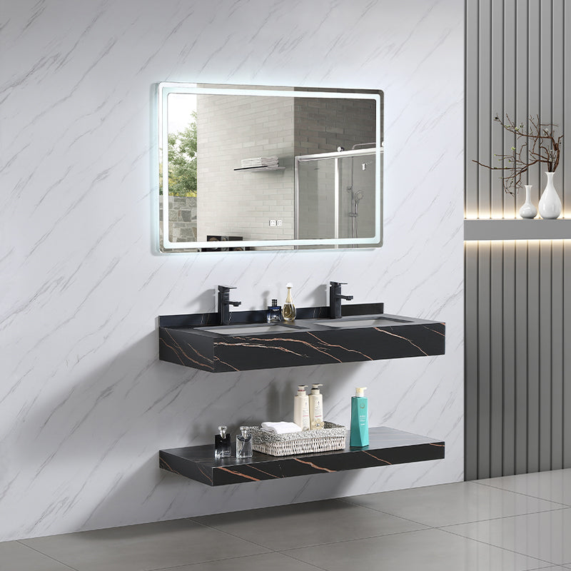 Modern Double Layers Rock Slate Wash Basin Bathroom Vanity Cabinet with LED Lighted Mirror