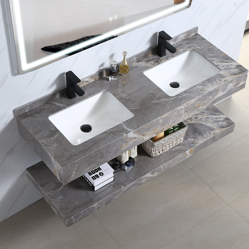 Hotel Bathroom Cabinet Two Sink Wash Basin Wall Mounted Marble Interior Lighting